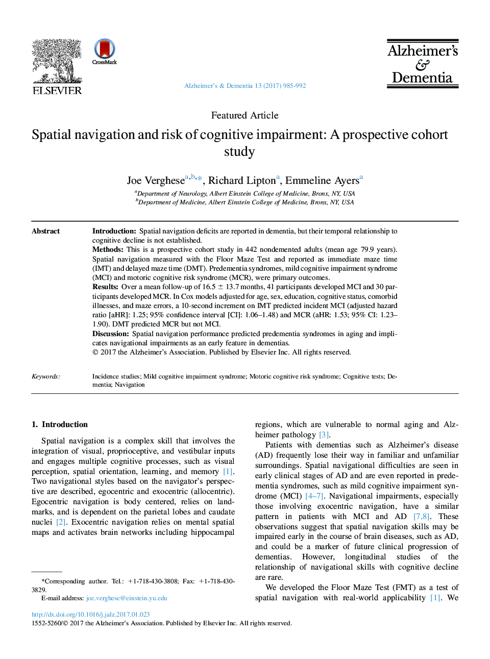 Featured ArticleSpatial navigation and risk of cognitive impairment: A prospective cohort study