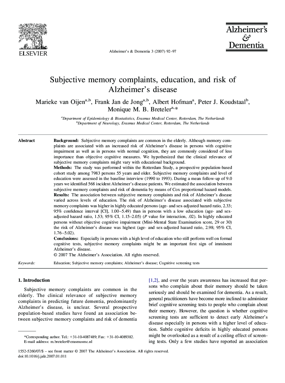 Featured articleSubjective memory complaints, education, and risk of Alzheimer's disease