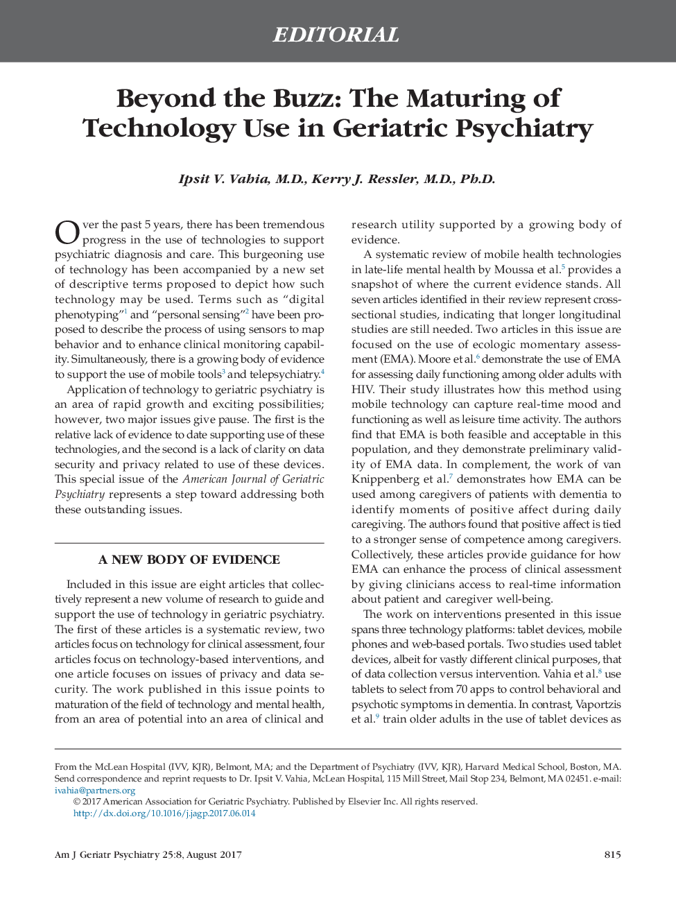 Beyond the Buzz: The Maturing of Technology Use in Geriatric Psychiatry