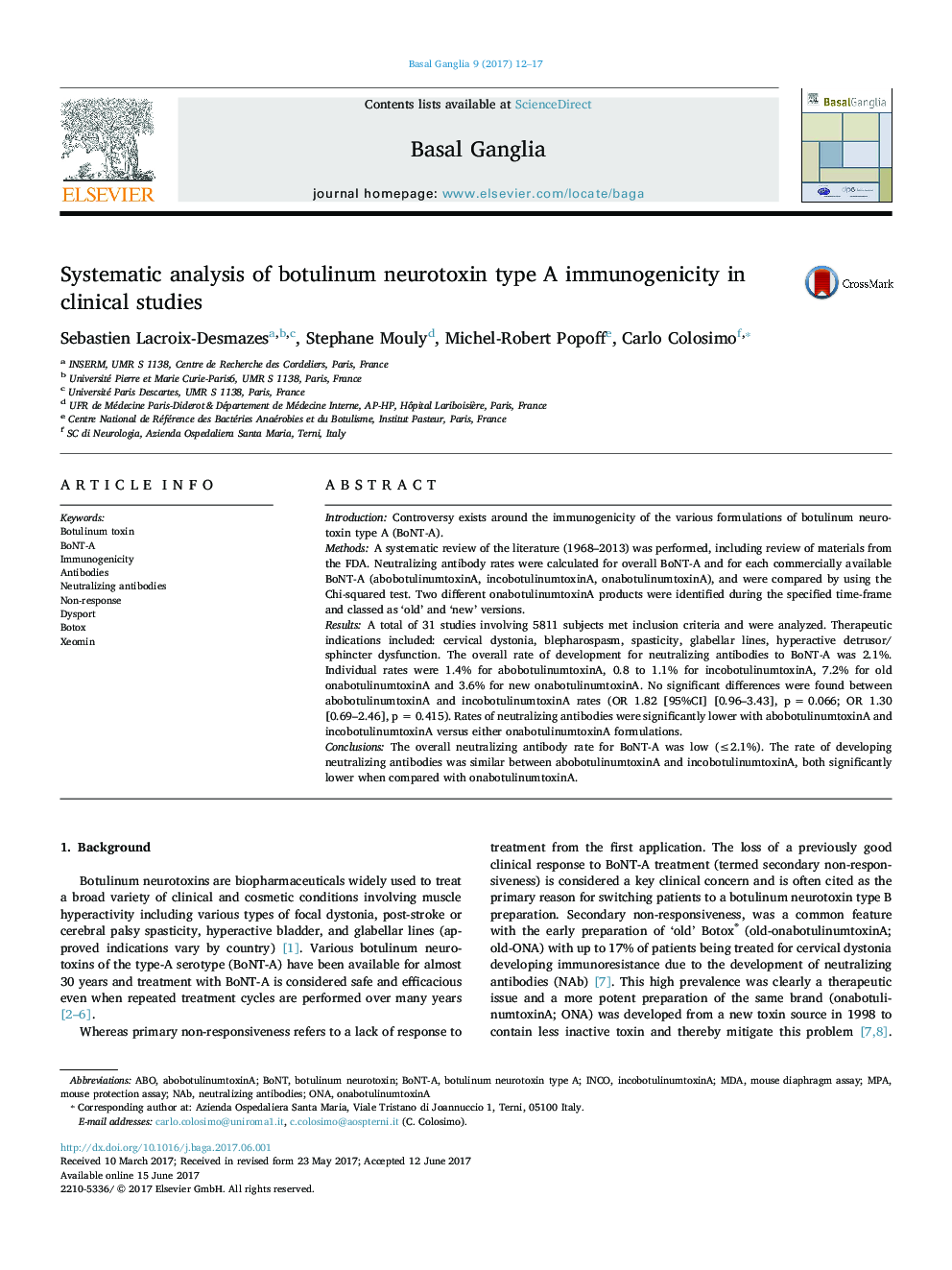 Systematic analysis of botulinum neurotoxin type A immunogenicity in clinical studies