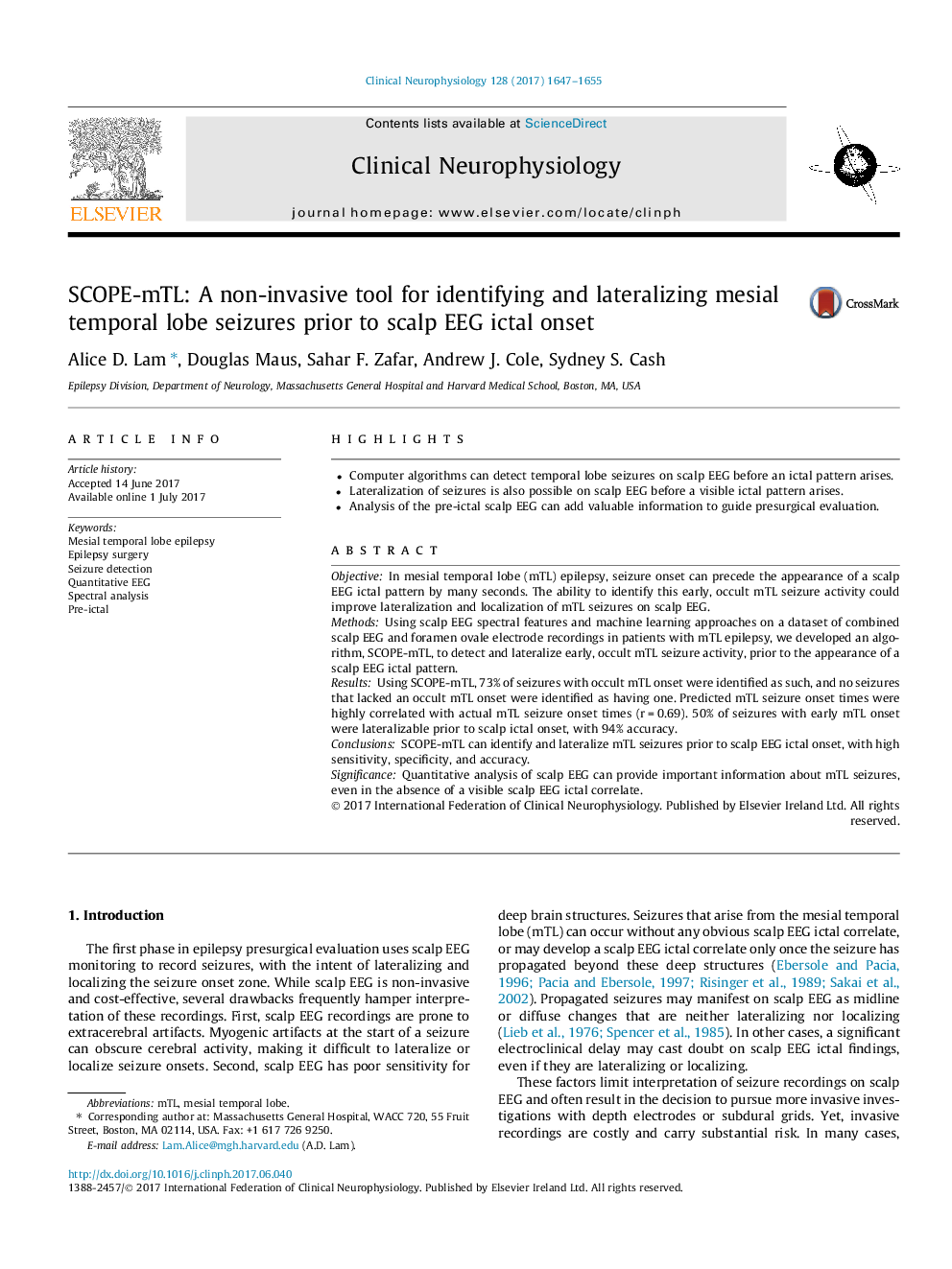 SCOPE-mTL: A non-invasive tool for identifying and lateralizing mesial temporal lobe seizures prior to scalp EEG ictal onset