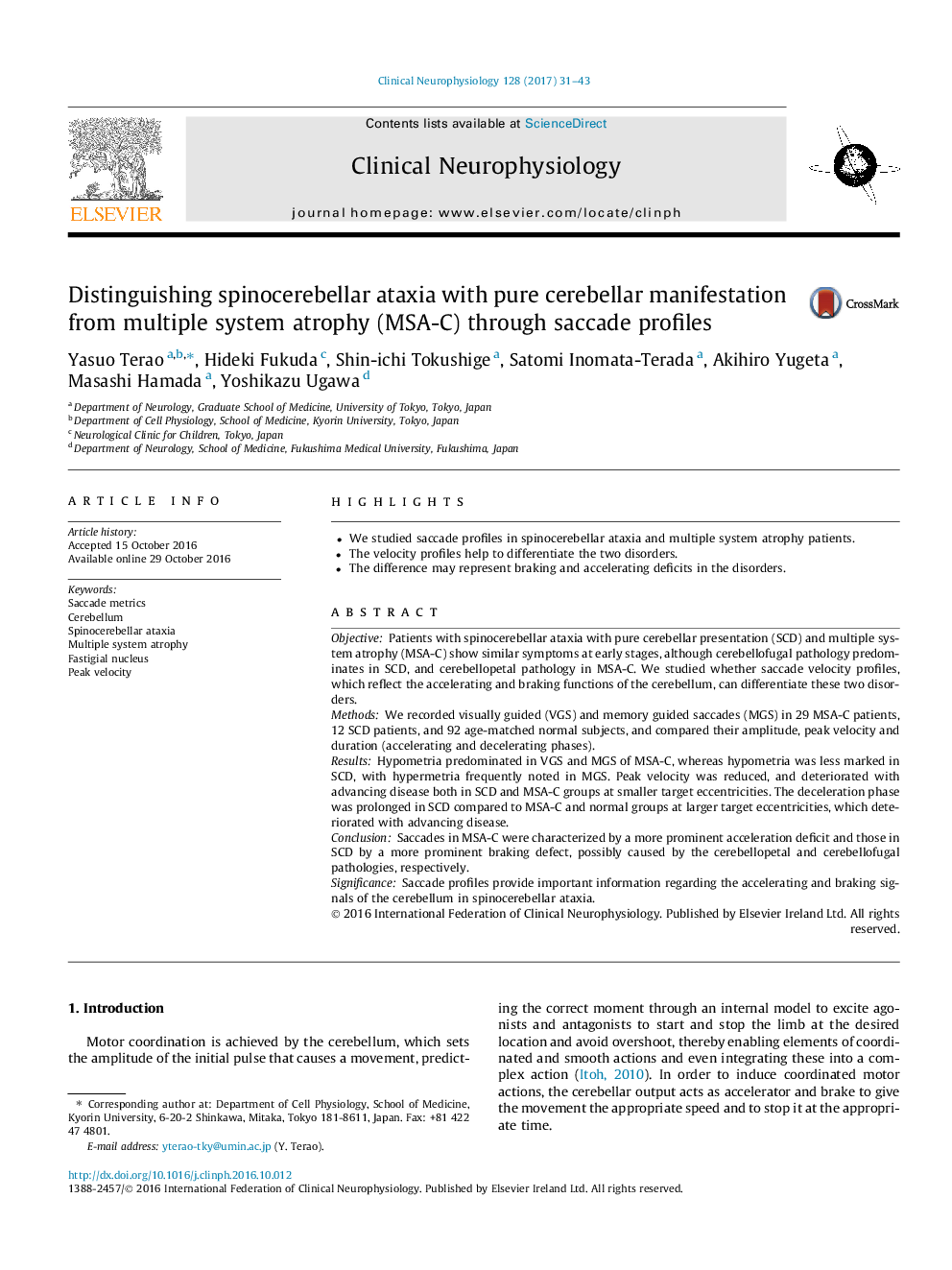 Distinguishing spinocerebellar ataxia with pure cerebellar manifestation from multiple system atrophy (MSA-C) through saccade profiles