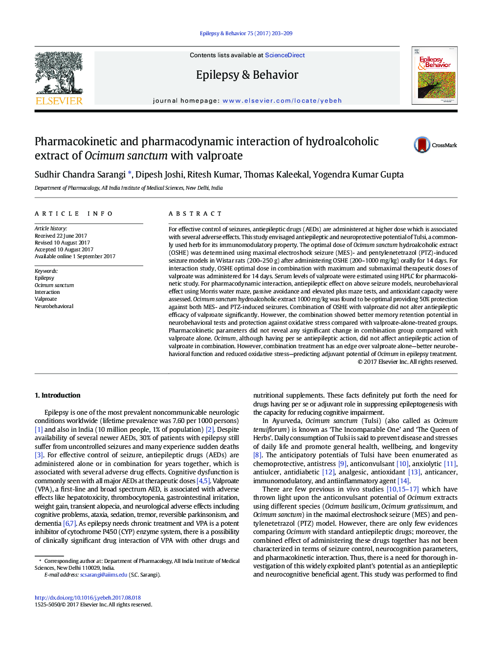 Pharmacokinetic and pharmacodynamic interaction of hydroalcoholic extract of Ocimum sanctum with valproate