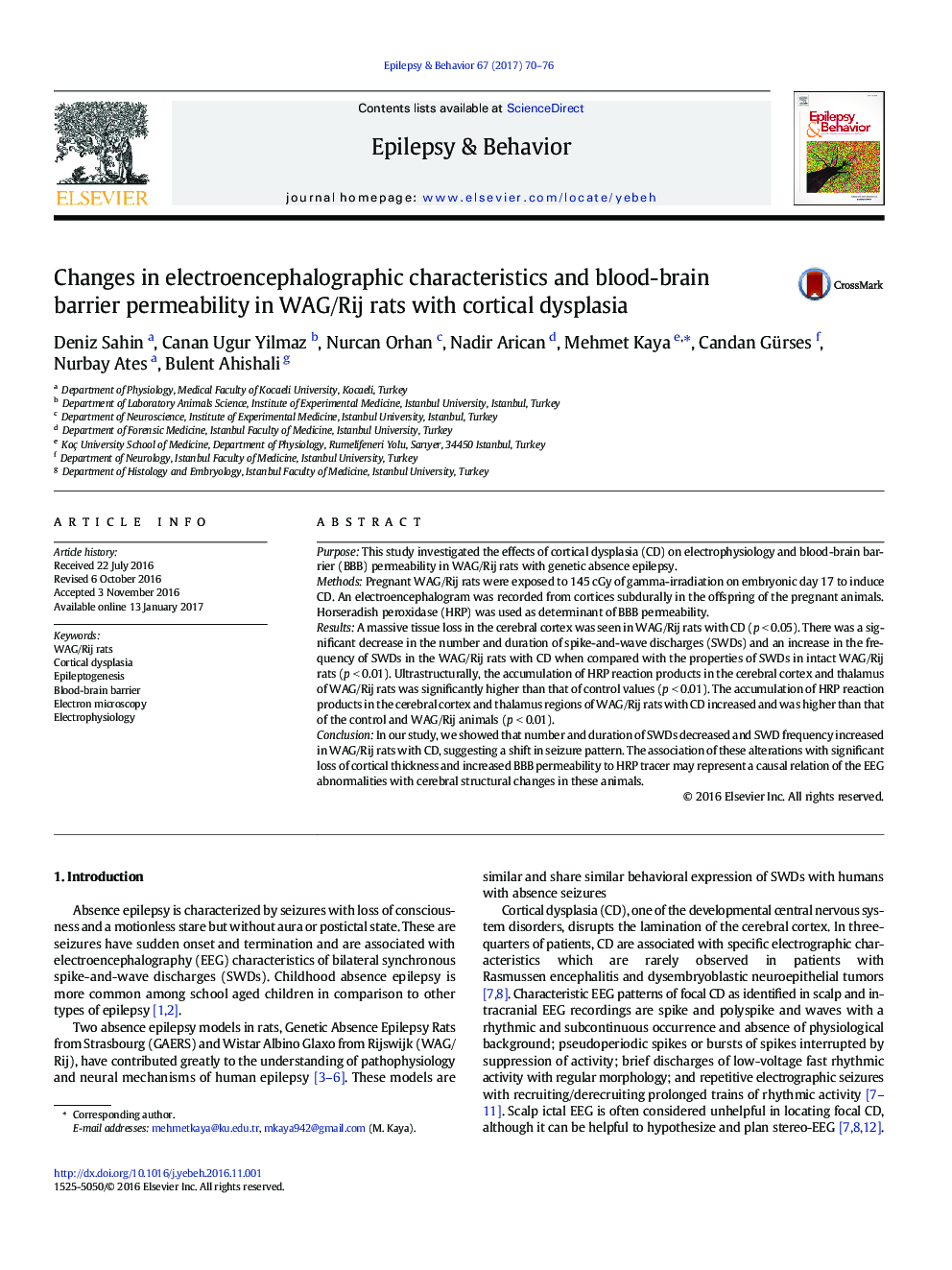 Changes in electroencephalographic characteristics and blood-brain barrier permeability in WAG/Rij rats with cortical dysplasia
