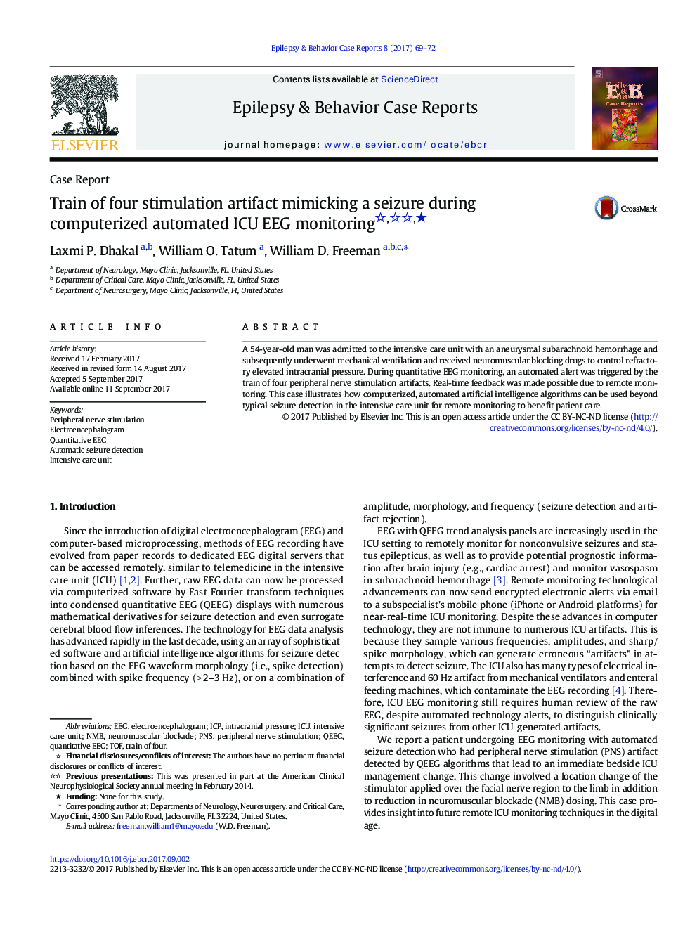 Case ReportTrain of four stimulation artifact mimicking a seizure during computerized automated ICU EEG monitoringâ