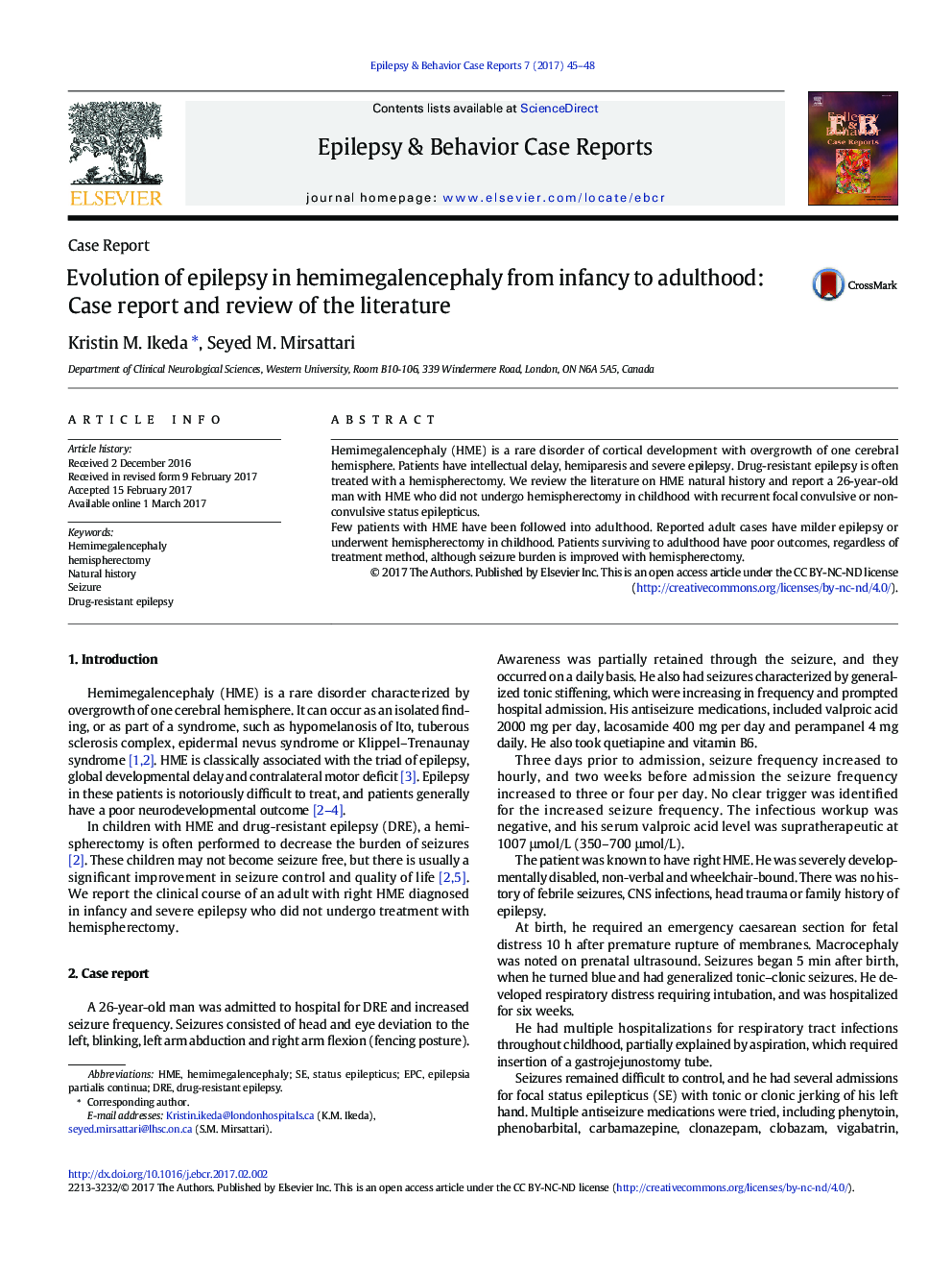 Case ReportEvolution of epilepsy in hemimegalencephaly from infancy to adulthood: Case report and review of the literature