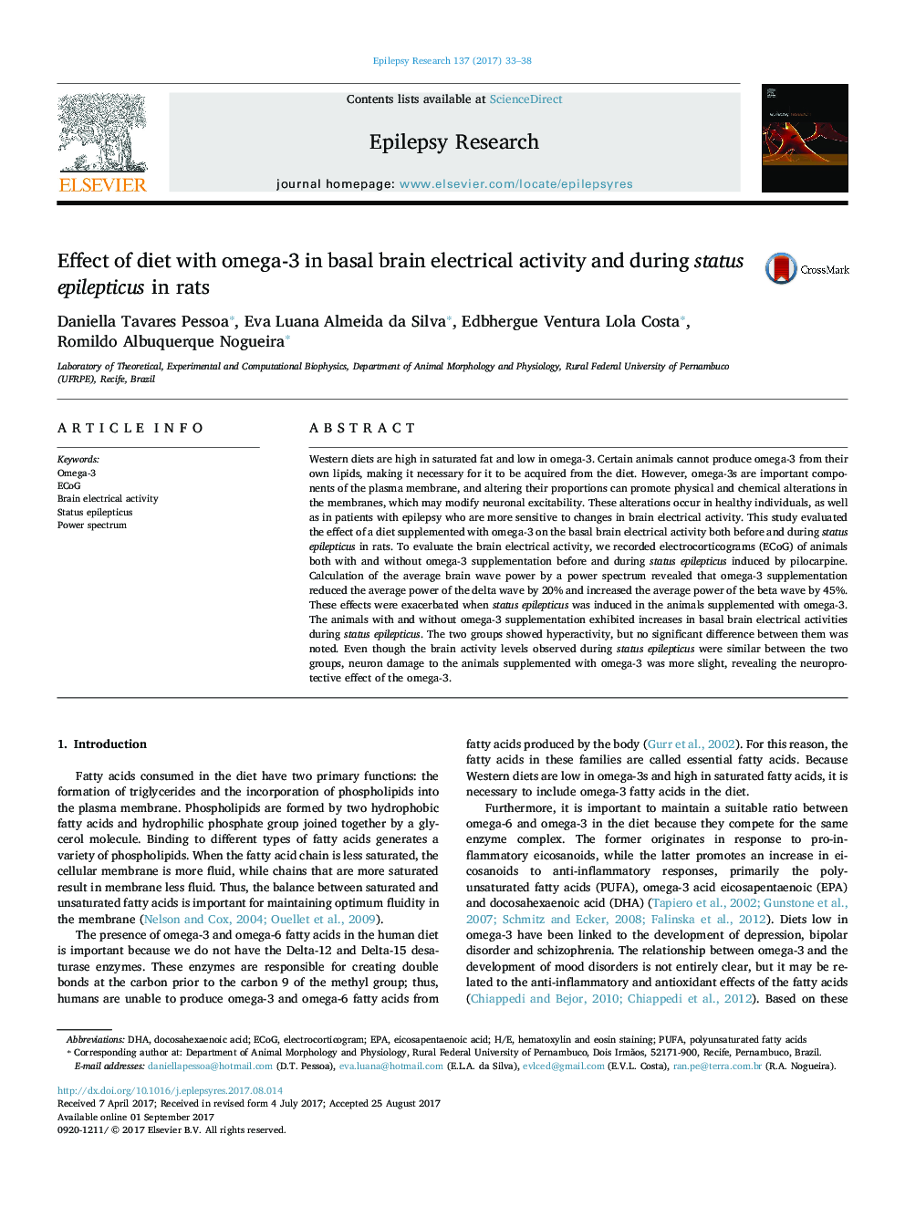 اثر رژیم غذایی با امگا -3 در فعالیت الکتریکی مغز پایه و در طی صرع موضعی در موش صحرایی 
