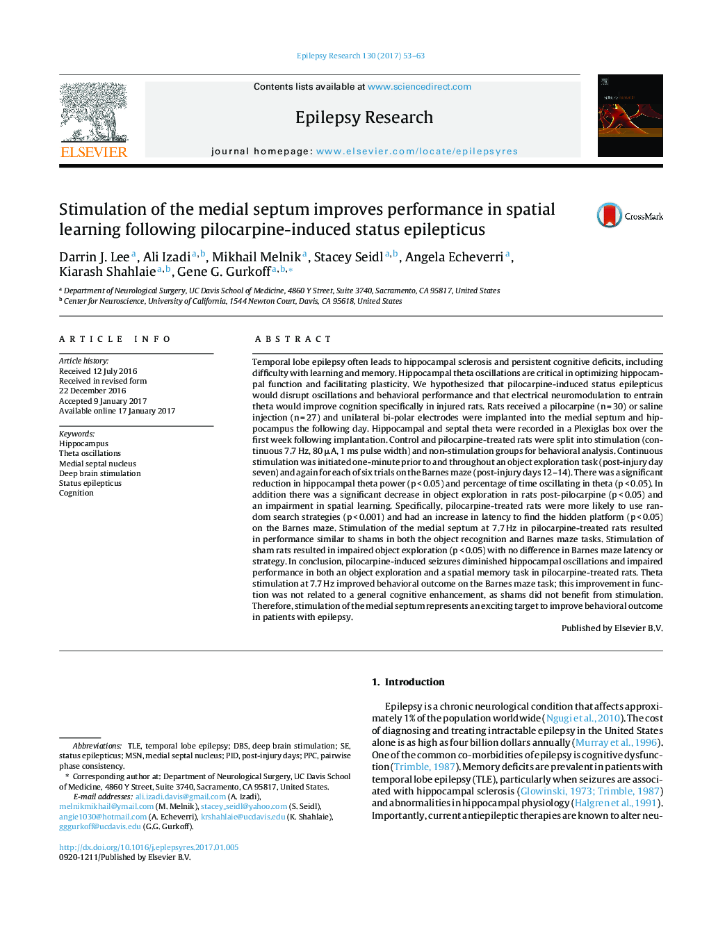 Stimulation of the medial septum improves performance in spatial learning following pilocarpine-induced status epilepticus