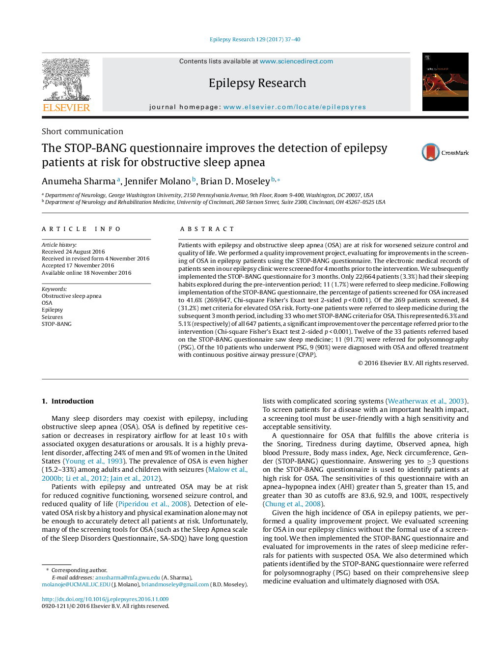 Short communicationThe STOP-BANG questionnaire improves the detection of epilepsy patients at risk for obstructive sleep apnea