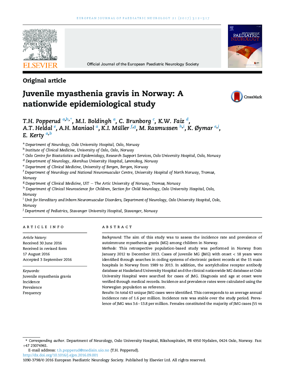 Original articleJuvenile myasthenia gravis in Norway: A nationwide epidemiological study