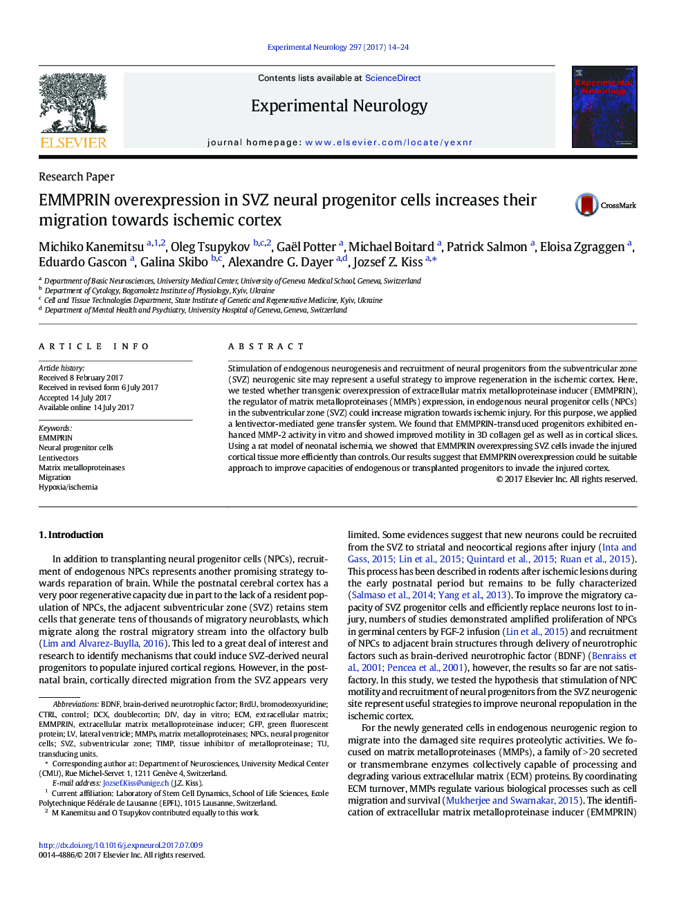 Research PaperEMMPRIN overexpression in SVZ neural progenitor cells increases their migration towards ischemic cortex