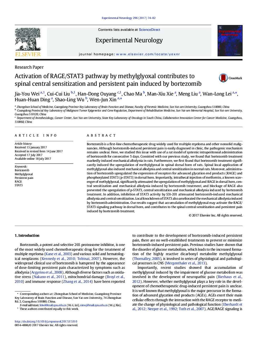 Research PaperActivation of RAGE/STAT3 pathway by methylglyoxal contributes to spinal central sensitization and persistent pain induced by bortezomib