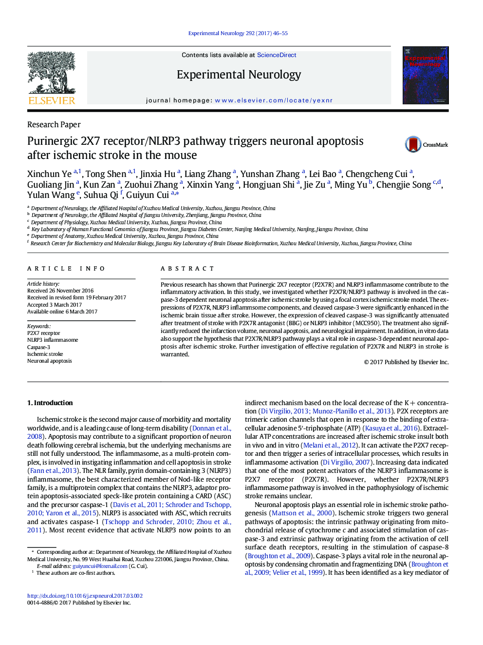 Purinergic 2X7 receptor/NLRP3 pathway triggers neuronal apoptosis after ischemic stroke in the mouse