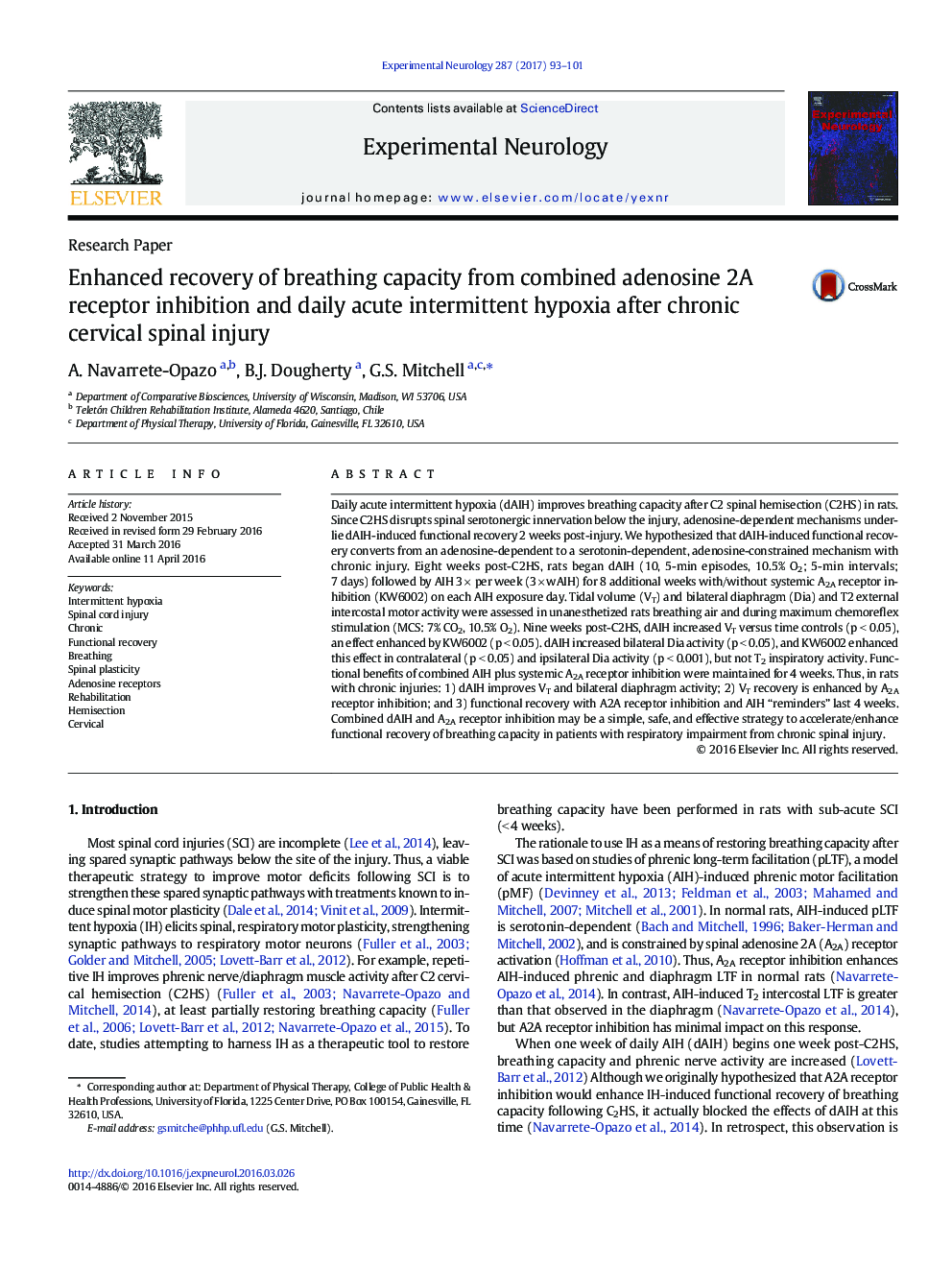 Enhanced recovery of breathing capacity from combined adenosine 2A receptor inhibition and daily acute intermittent hypoxia after chronic cervical spinal injury