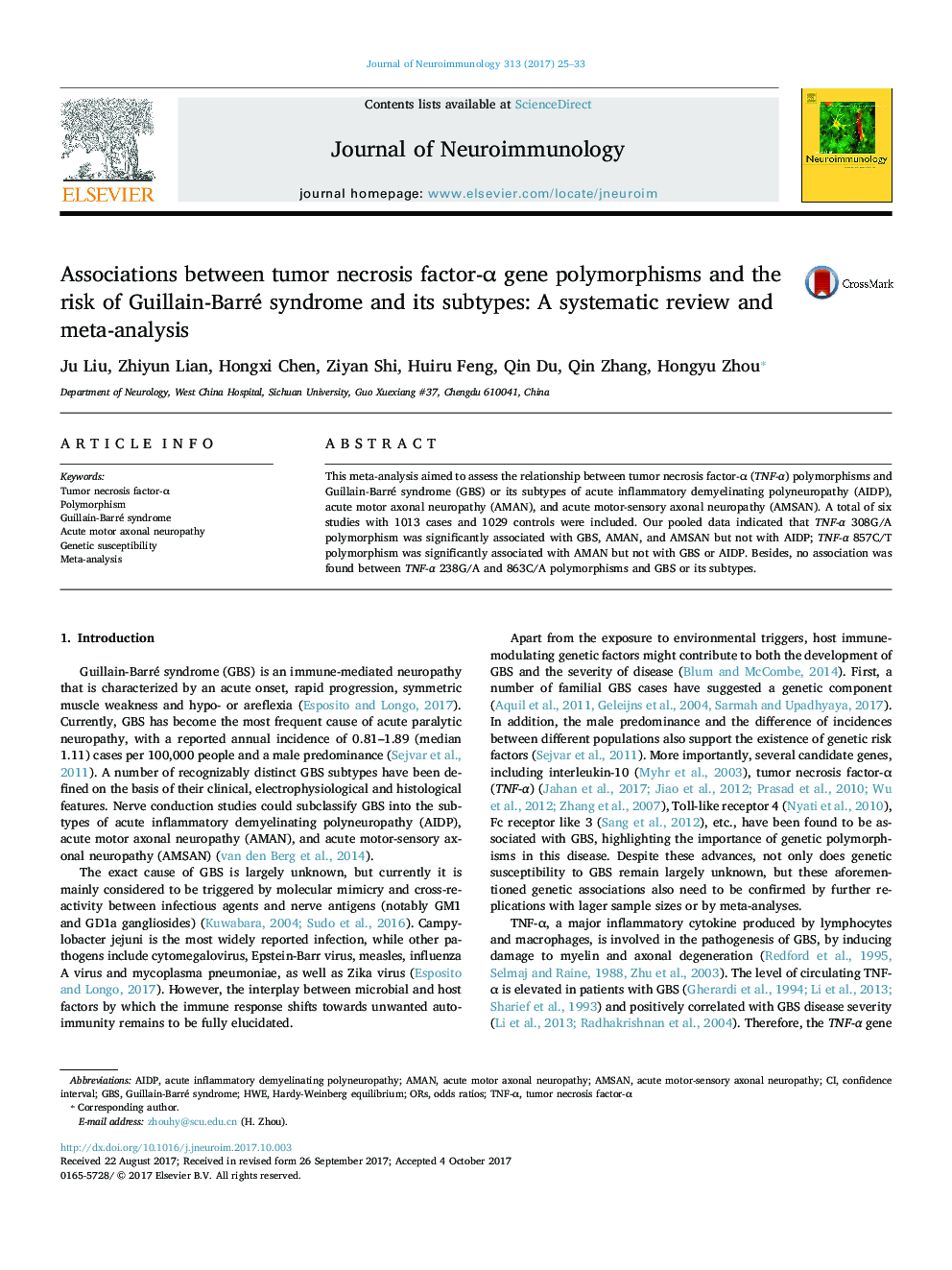 Associations between tumor necrosis factor-Î± gene polymorphisms and the risk of Guillain-Barré syndrome and its subtypes: A systematic review and meta-analysis