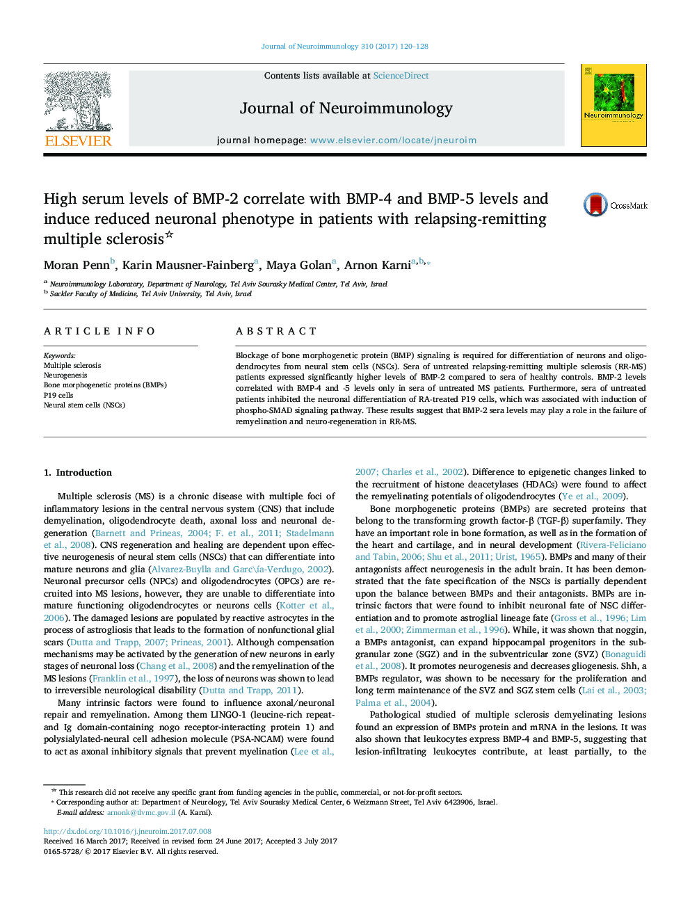 High serum levels of BMP-2 correlate with BMP-4 and BMP-5 levels and induce reduced neuronal phenotype in patients with relapsing-remitting multiple sclerosis