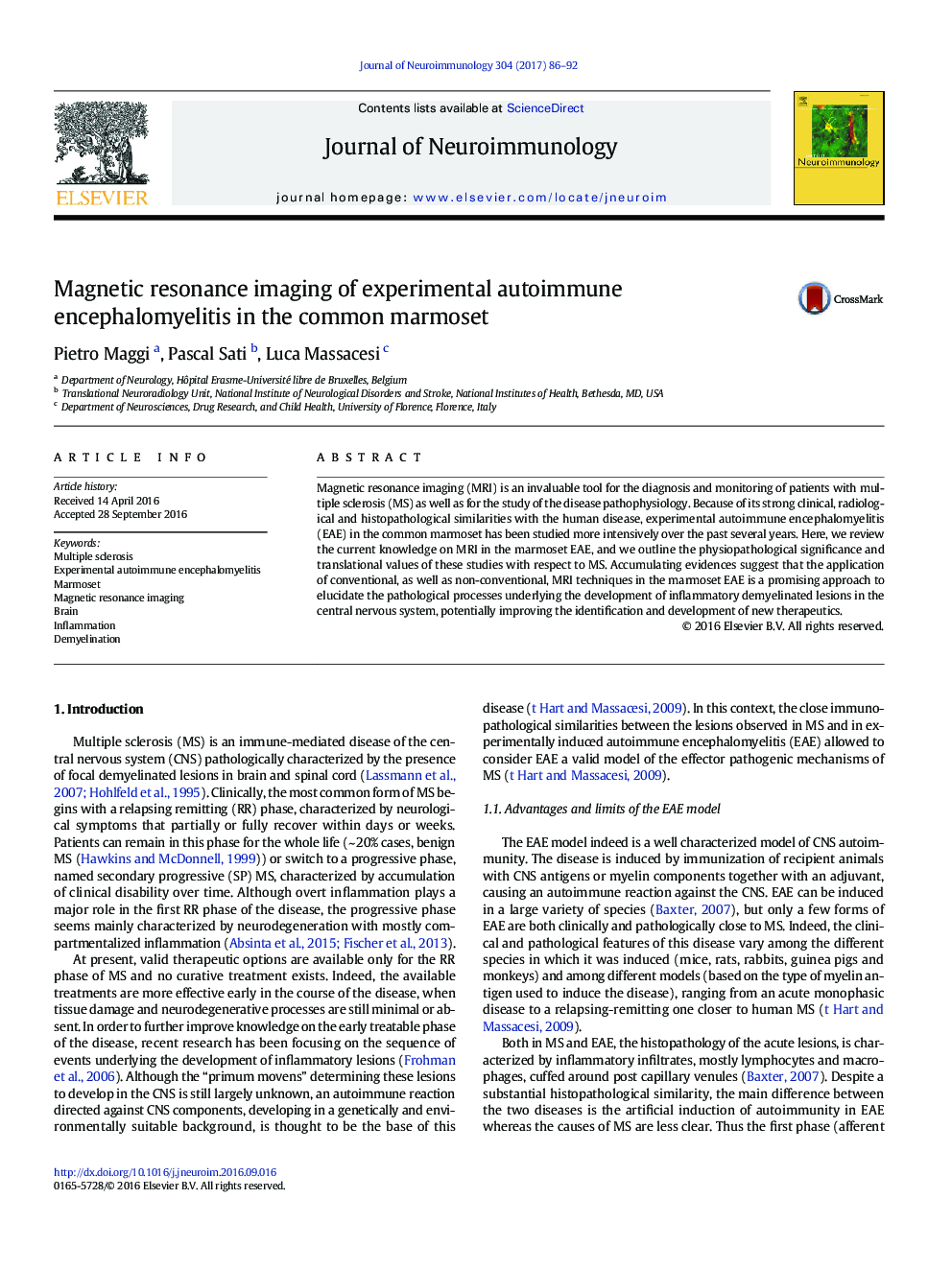 Magnetic resonance imaging of experimental autoimmune encephalomyelitis in the common marmoset