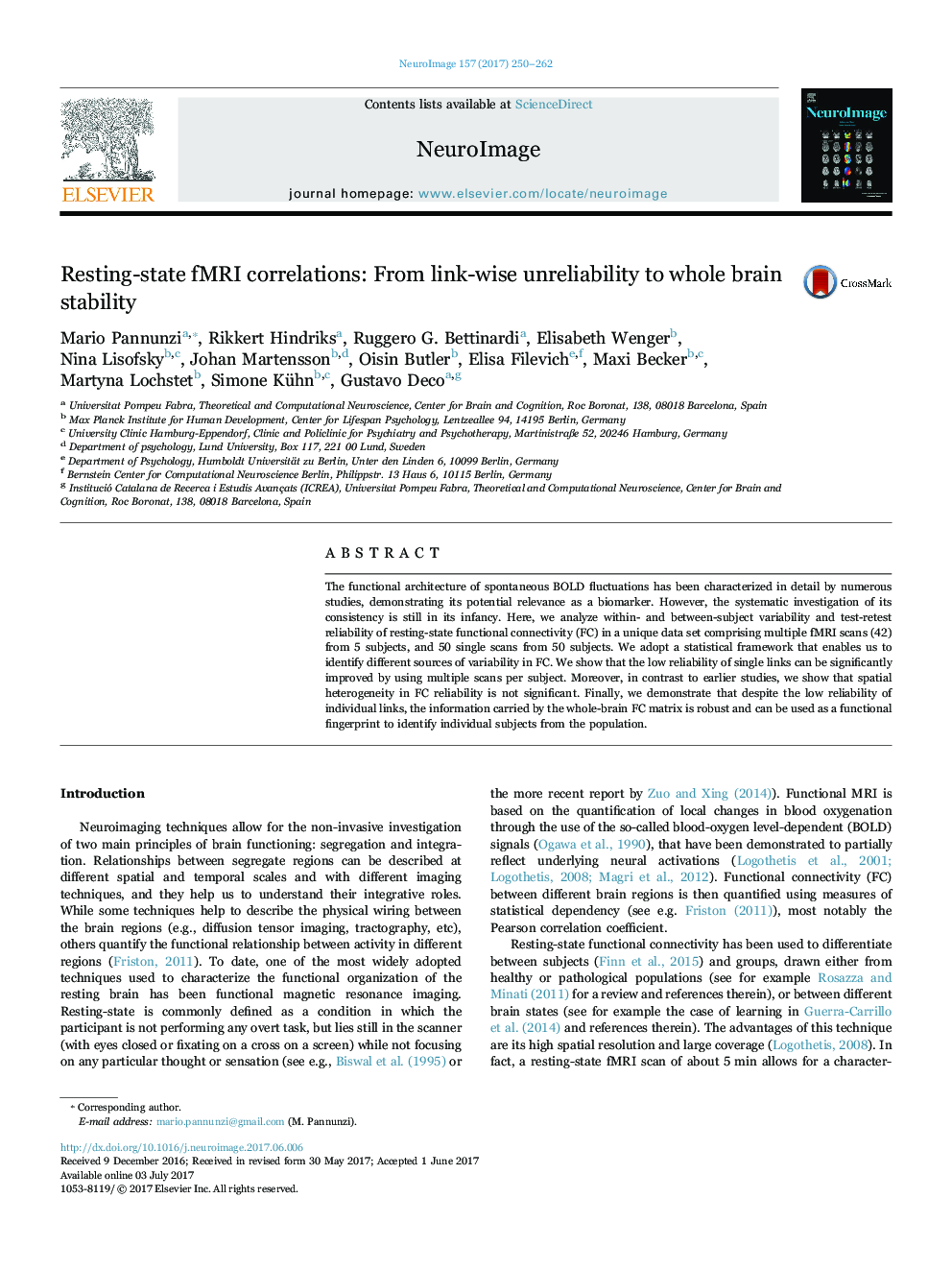 Resting-state fMRI correlations: From link-wise unreliability to whole brain stability