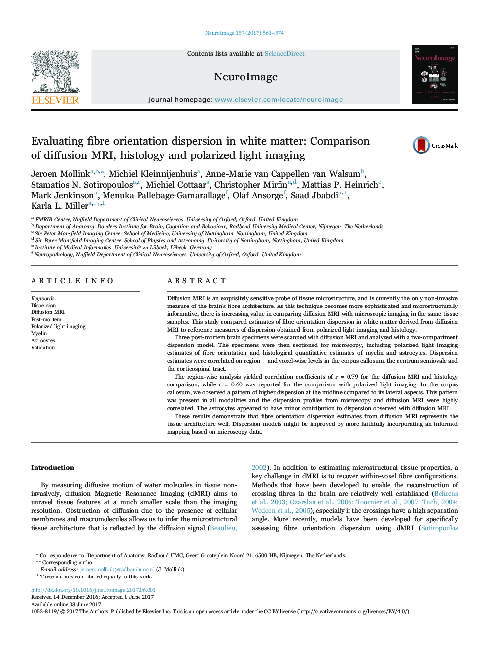 Evaluating fibre orientation dispersion in white matter: Comparison of diffusion MRI, histology and polarized light imaging