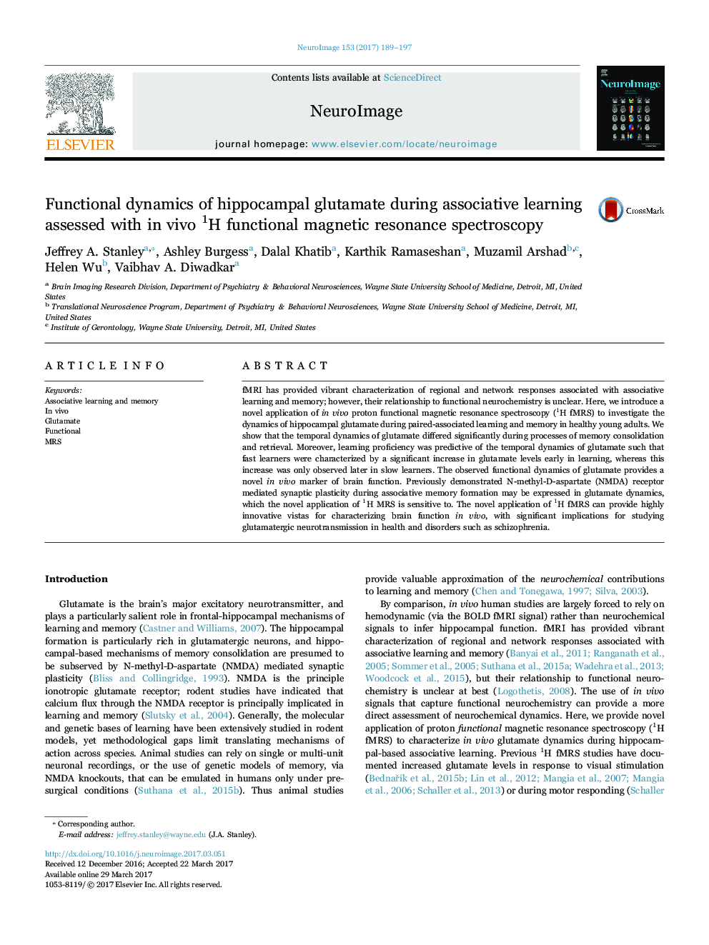 Functional dynamics of hippocampal glutamate during associative learning assessed with in vivo 1H functional magnetic resonance spectroscopy
