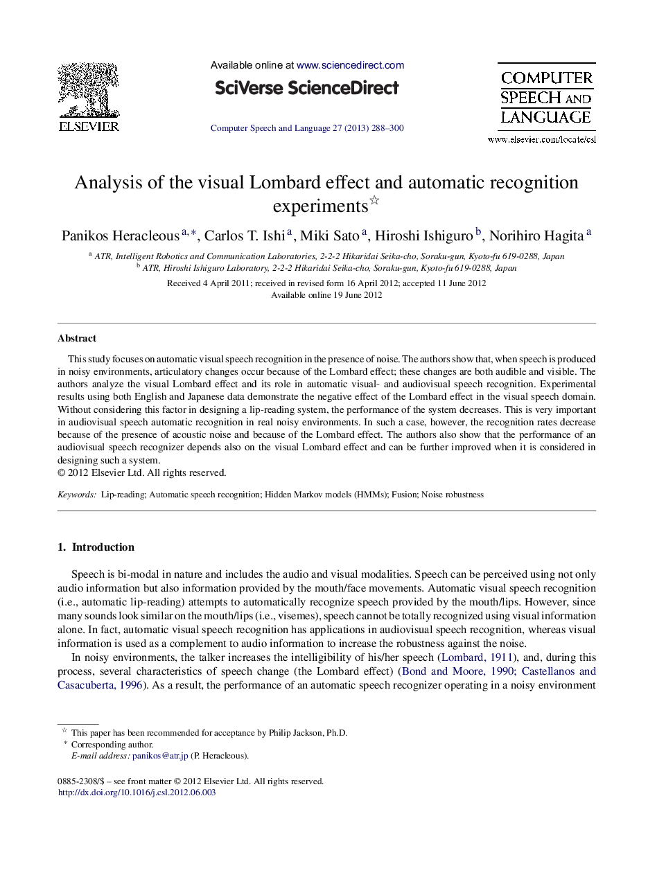 Analysis of the visual Lombard effect and automatic recognition experiments 