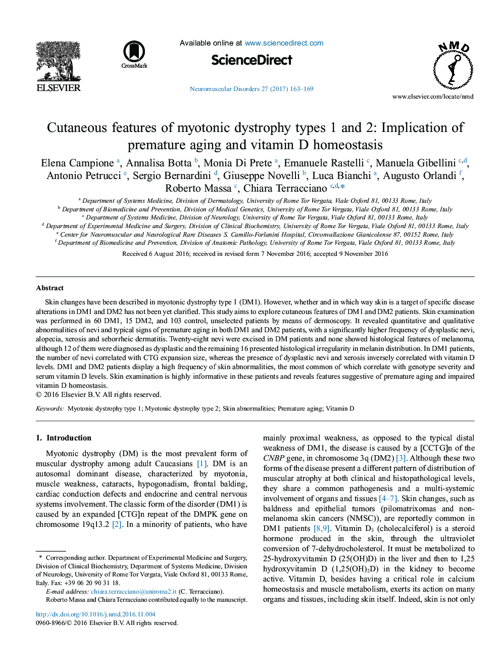 Cutaneous features of myotonic dystrophy types 1 and 2: Implication of premature aging and vitamin D homeostasis