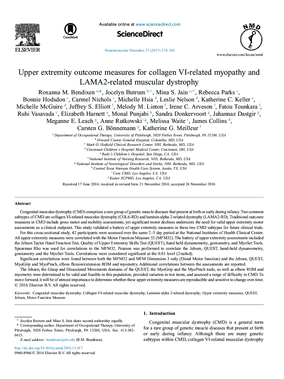 Upper extremity outcome measures for collagen VI-related myopathy and LAMA2-related muscular dystrophy