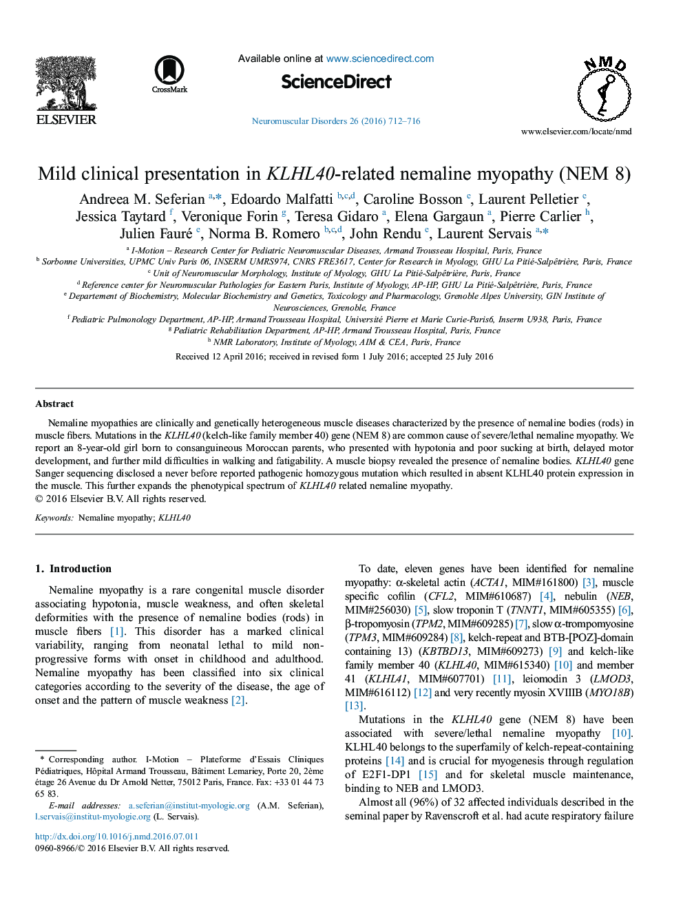 Mild clinical presentation in KLHL40-related nemaline myopathy (NEM 8)