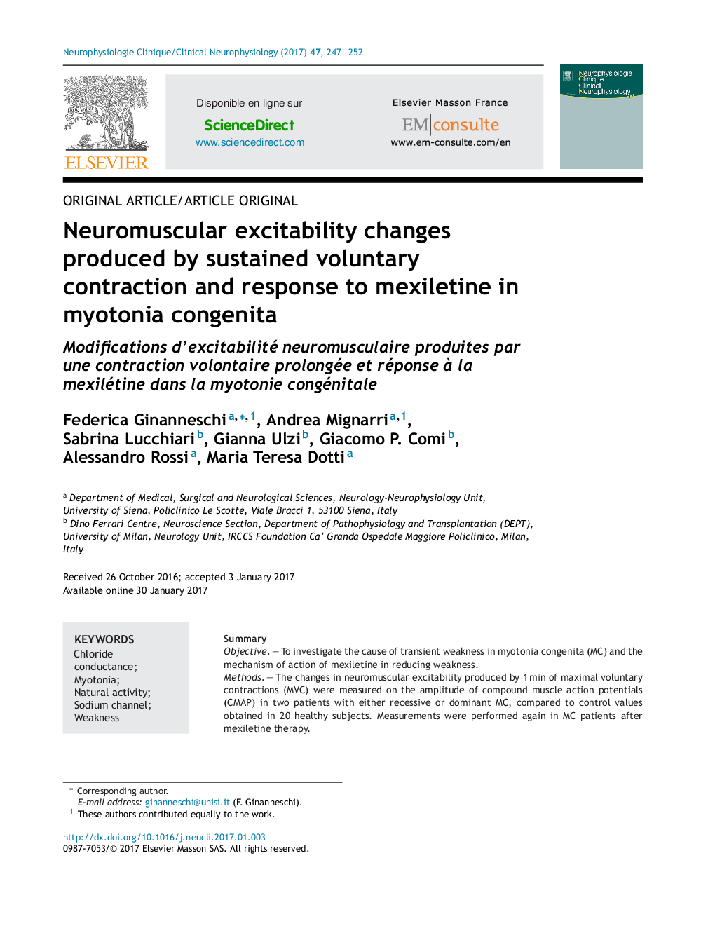 Original article/Article originalNeuromuscular excitability changes produced by sustained voluntary contraction and response to mexiletine in myotonia congenitaModifications d'excitabilité neuromusculaire produites par une contraction volontaire prolon