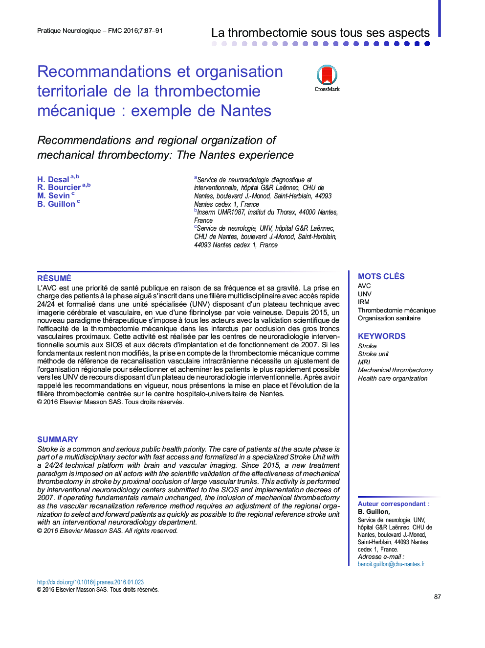 Recommandations et organisation territoriale de la thrombectomie mécaniqueÂ : exemple de Nantes