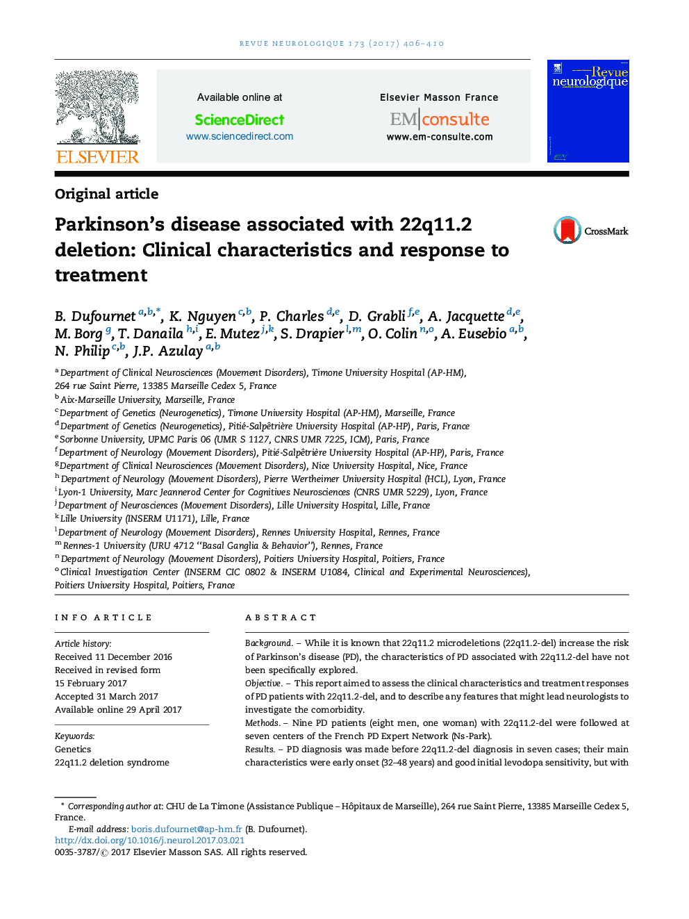 Original articleParkinson's disease associated with 22q11.2 deletion: Clinical characteristics and response to treatment