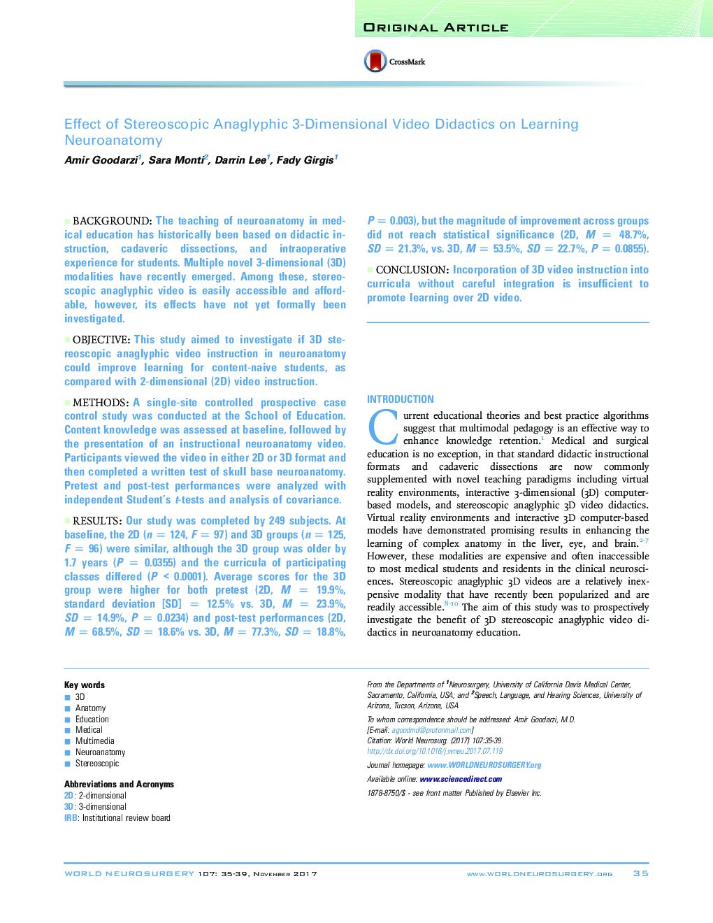Effect of Stereoscopic Anaglyphic 3-Dimensional Video Didactics on Learning Neuroanatomy