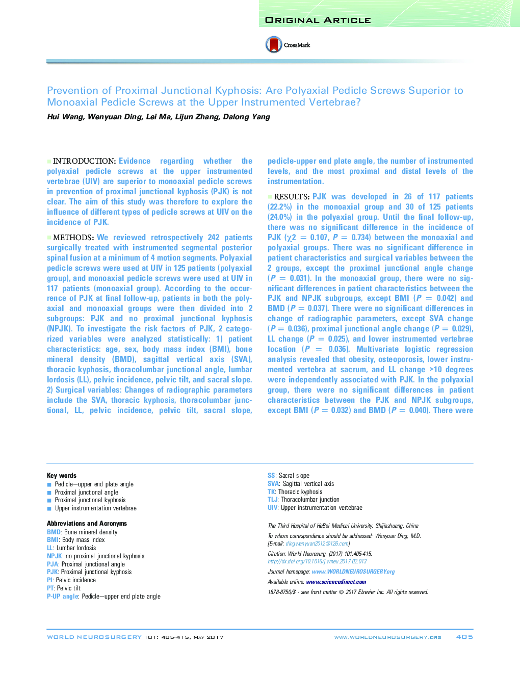 Prevention of Proximal Junctional Kyphosis: Are Polyaxial Pedicle Screws Superior to Monoaxial Pedicle Screws at the Upper Instrumented Vertebrae?