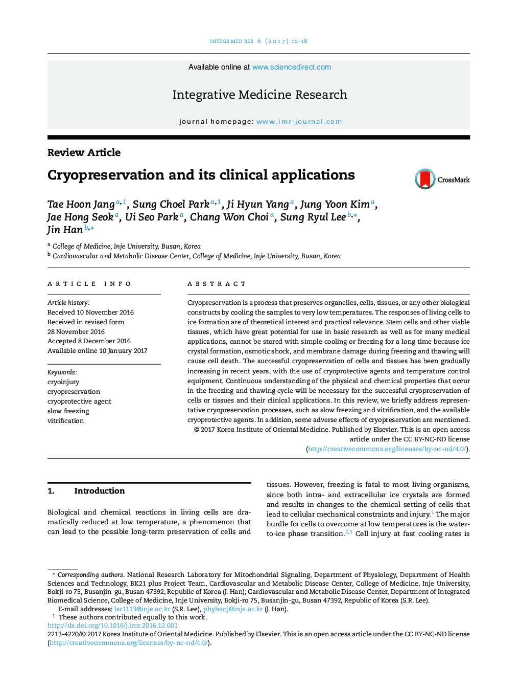 Cryopreservation and its clinical applications