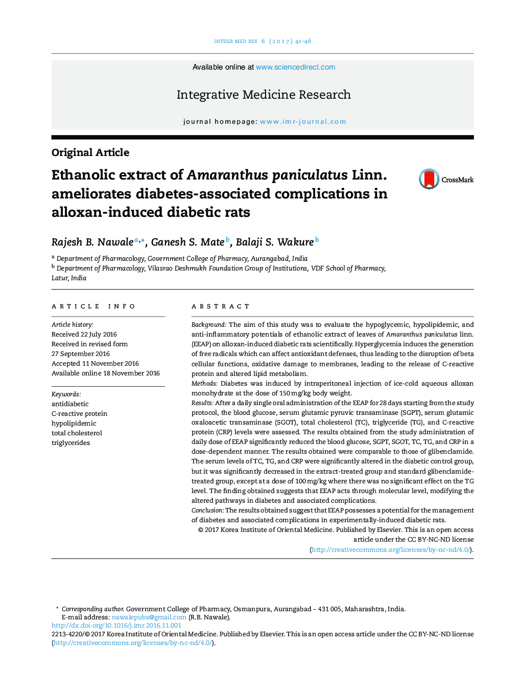 Ethanolic extract of Amaranthus paniculatus Linn. ameliorates diabetes-associated complications in alloxan-induced diabetic rats