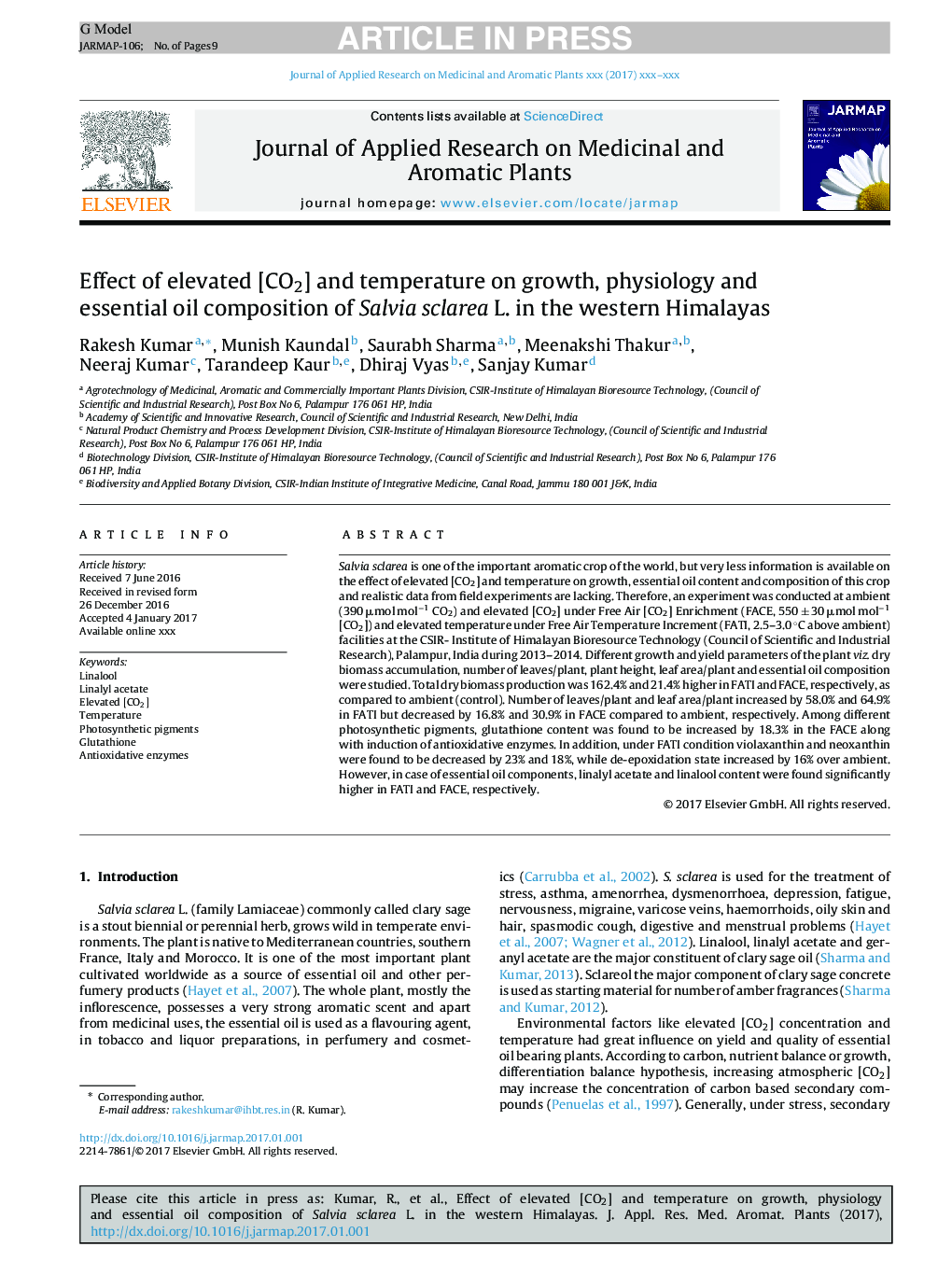 Effect of elevated [CO2] and temperature on growth, physiology and essential oil composition of Salvia sclarea L. in the western Himalayas