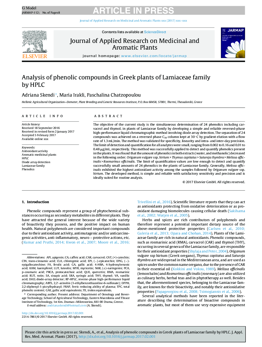 Analysis of phenolic compounds in Greek plants of Lamiaceae family by HPLC