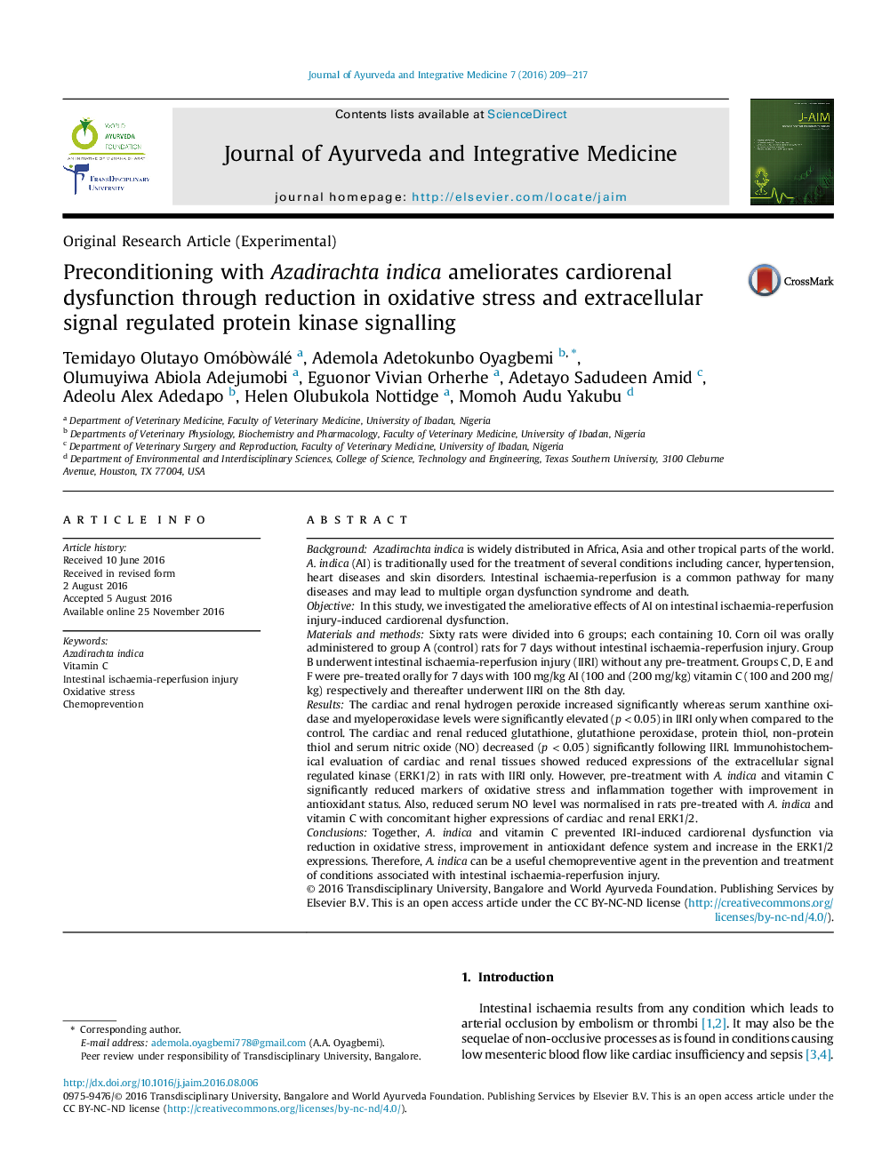 Preconditioning with Azadirachta indica ameliorates cardiorenal dysfunction through reduction in oxidative stress and extracellular signal regulated protein kinase signalling