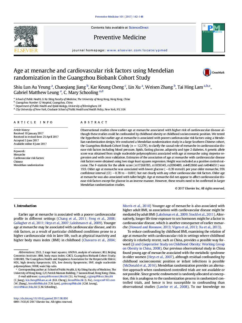 Age at menarche and cardiovascular risk factors using Mendelian randomization in the Guangzhou Biobank Cohort Study