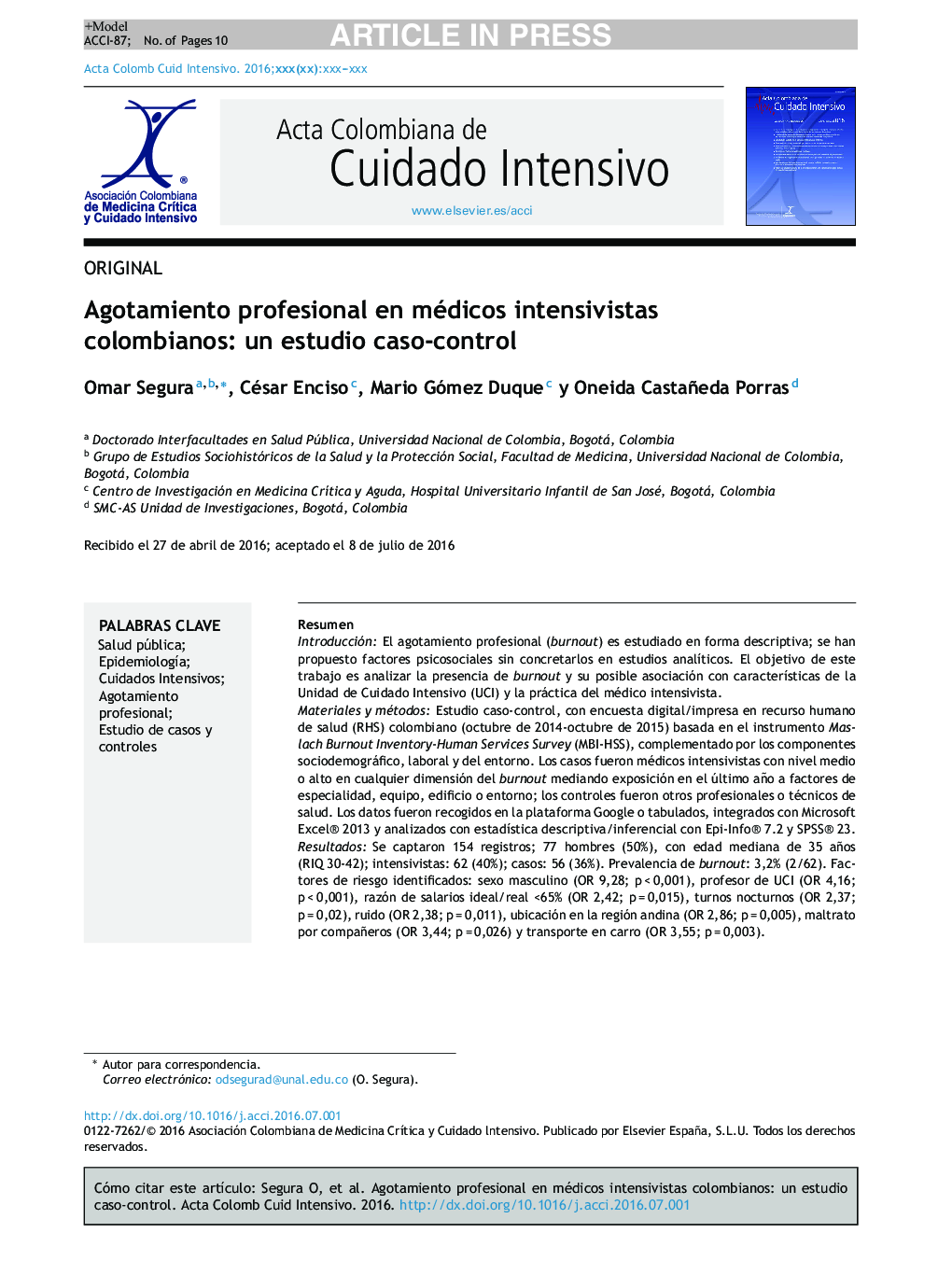 Agotamiento profesional en médicos intensivistas colombianos: un estudio caso-control