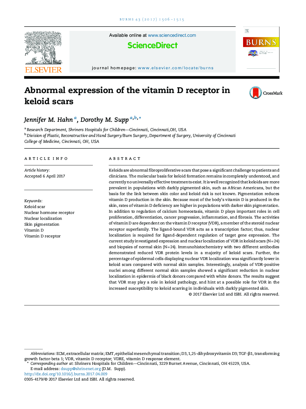 Abnormal expression of the vitamin D receptor in keloid scars