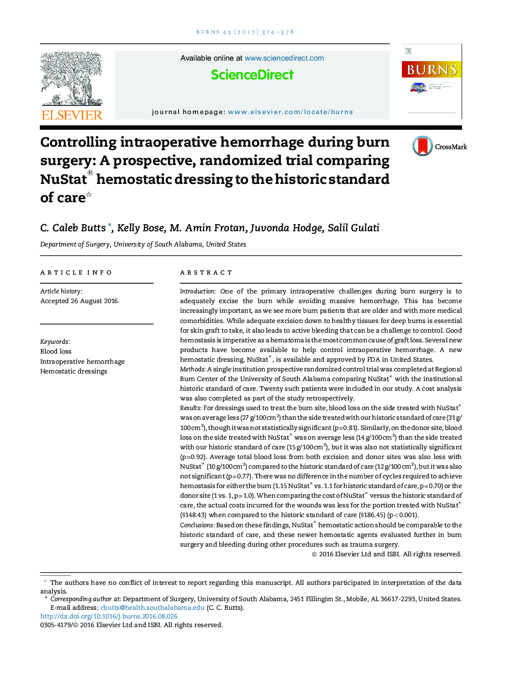 Controlling intraoperative hemorrhage during burn surgery: A prospective, randomized trial comparing NuStat® hemostatic dressing to the historic standard of care