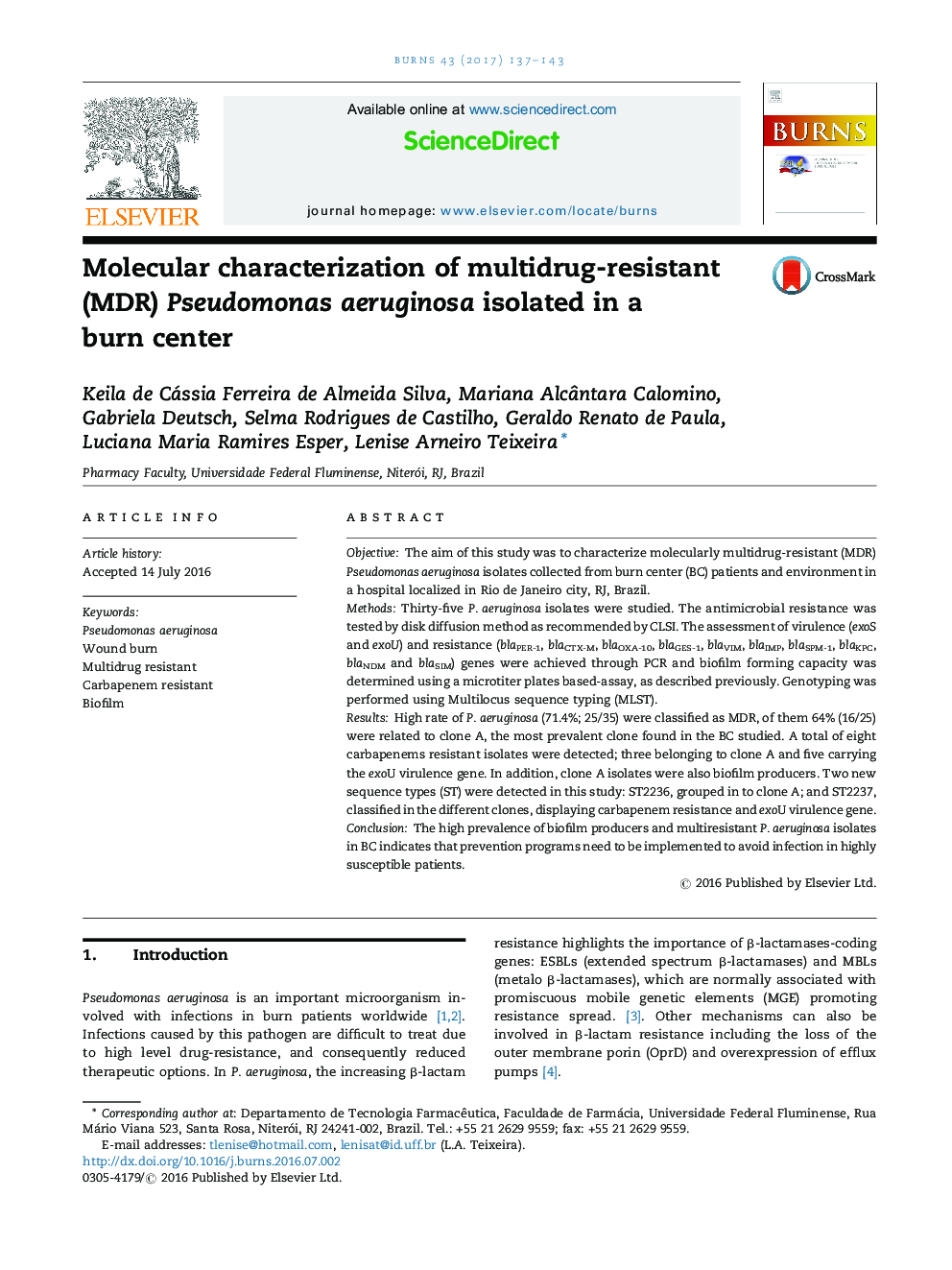 Molecular characterization of multidrug-resistant (MDR) Pseudomonas aeruginosa isolated in a burn center