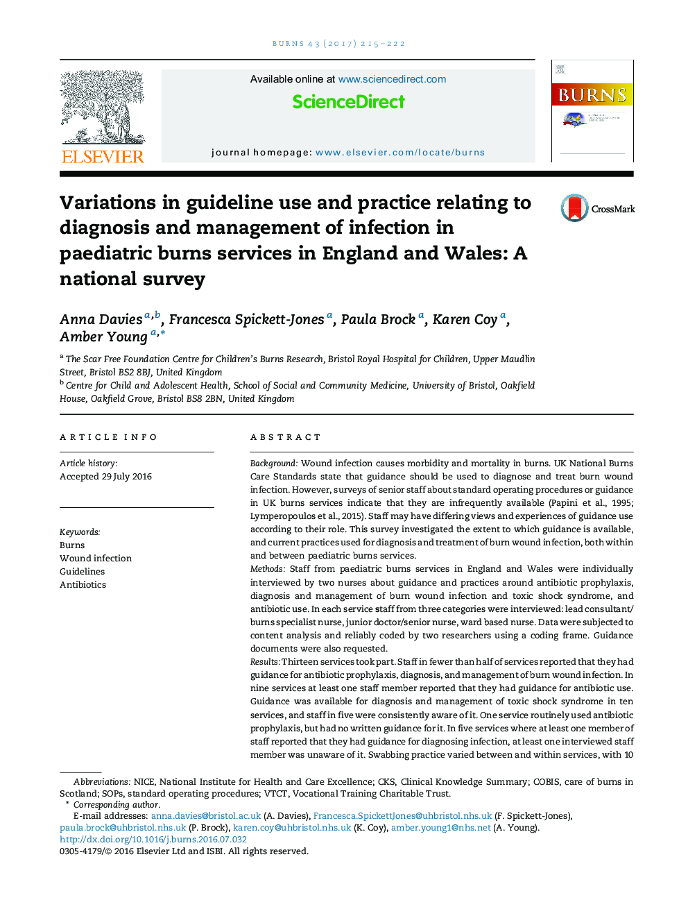 تغییرات در استفاده از دستورالعمل و عمل مربوط به تشخیص و مدیریت عفونت در خدمات سوختگی اطفال در انگلستان و ولز: یک نظرسنجی ملی 