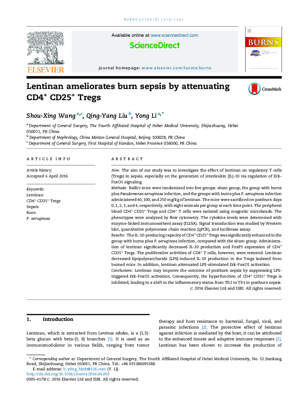 Lentinan ameliorates burn sepsis by attenuating CD4+ CD25+ Tregs