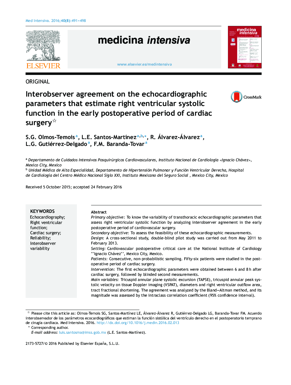 Interobserver agreement on the echocardiographic parameters that estimate right ventricular systolic function in the early postoperative period of cardiac surgery