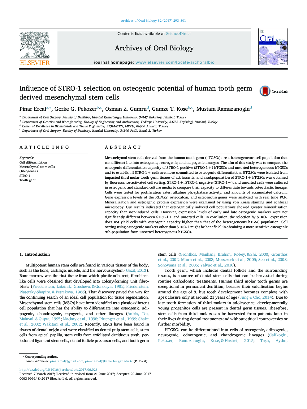 Influence of STRO-1 selection on osteogenic potential of human tooth germ derived mesenchymal stem cells