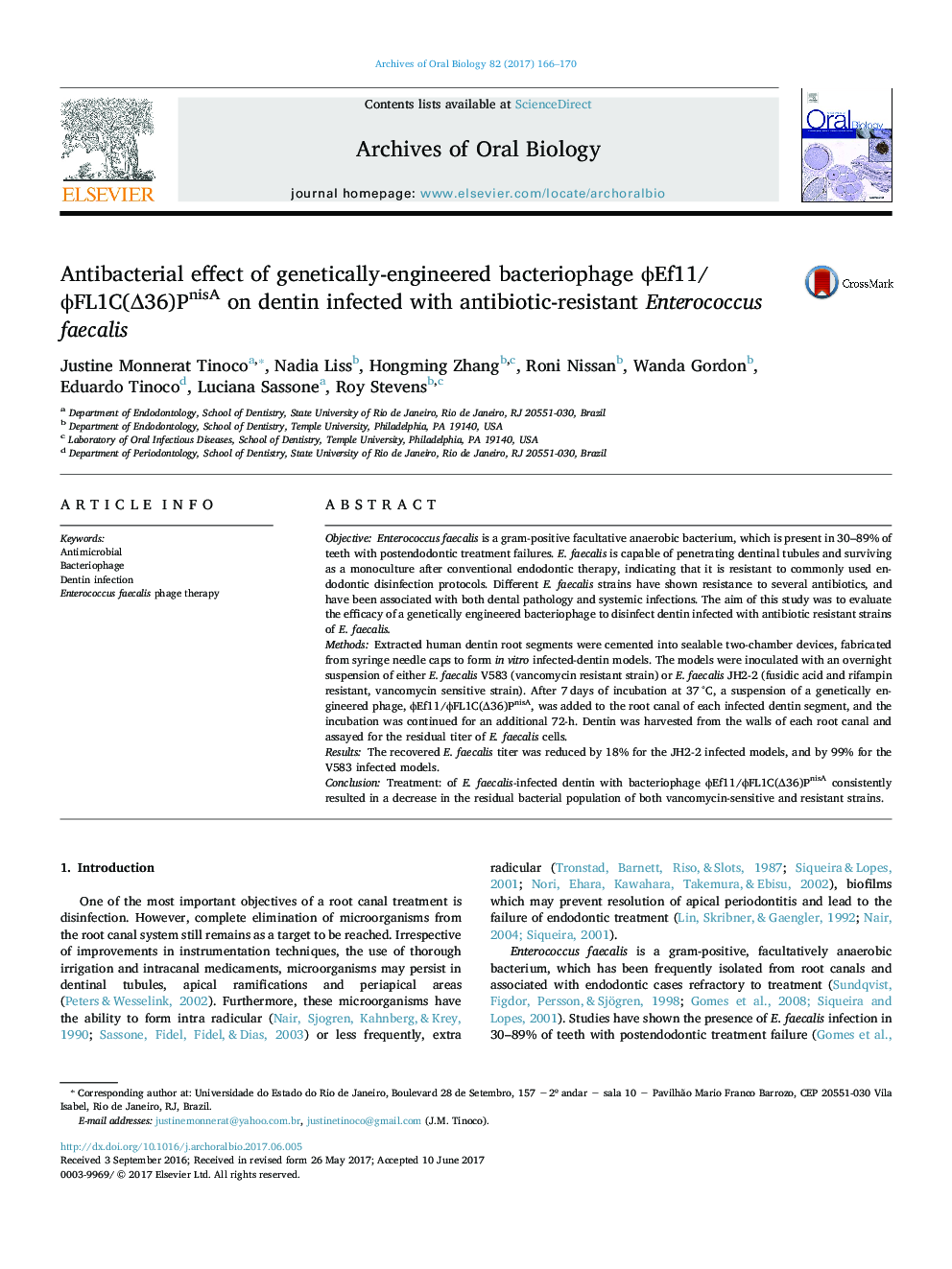 Antibacterial effect of genetically-engineered bacteriophage ÏEf11/ÏFL1C(Î36)PnisA on dentin infected with antibiotic-resistant Enterococcus faecalis