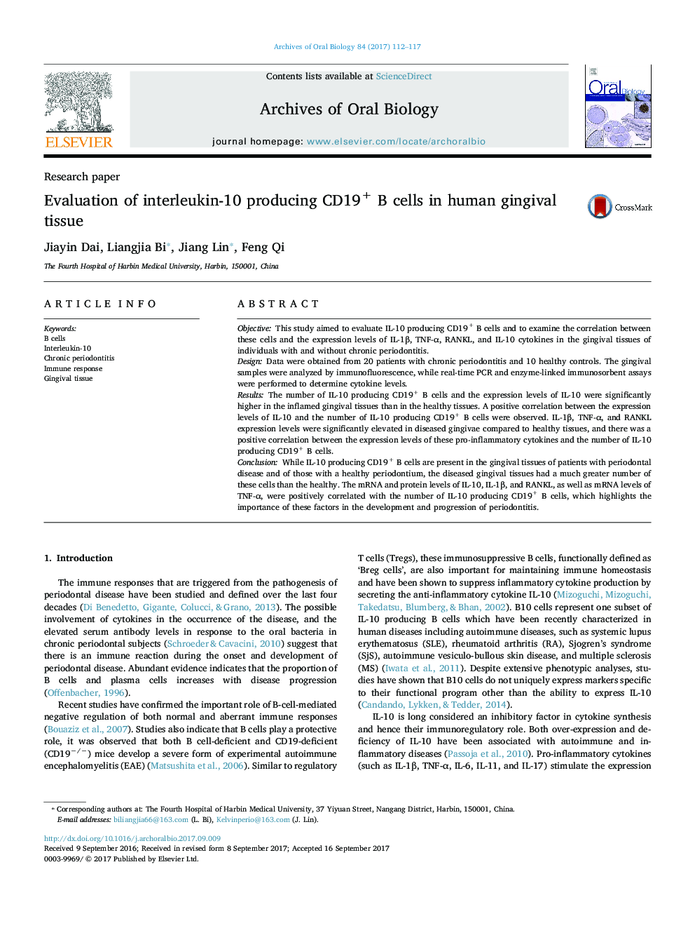 Evaluation of interleukin-10 producing CD19+ B cells in human gingival tissue