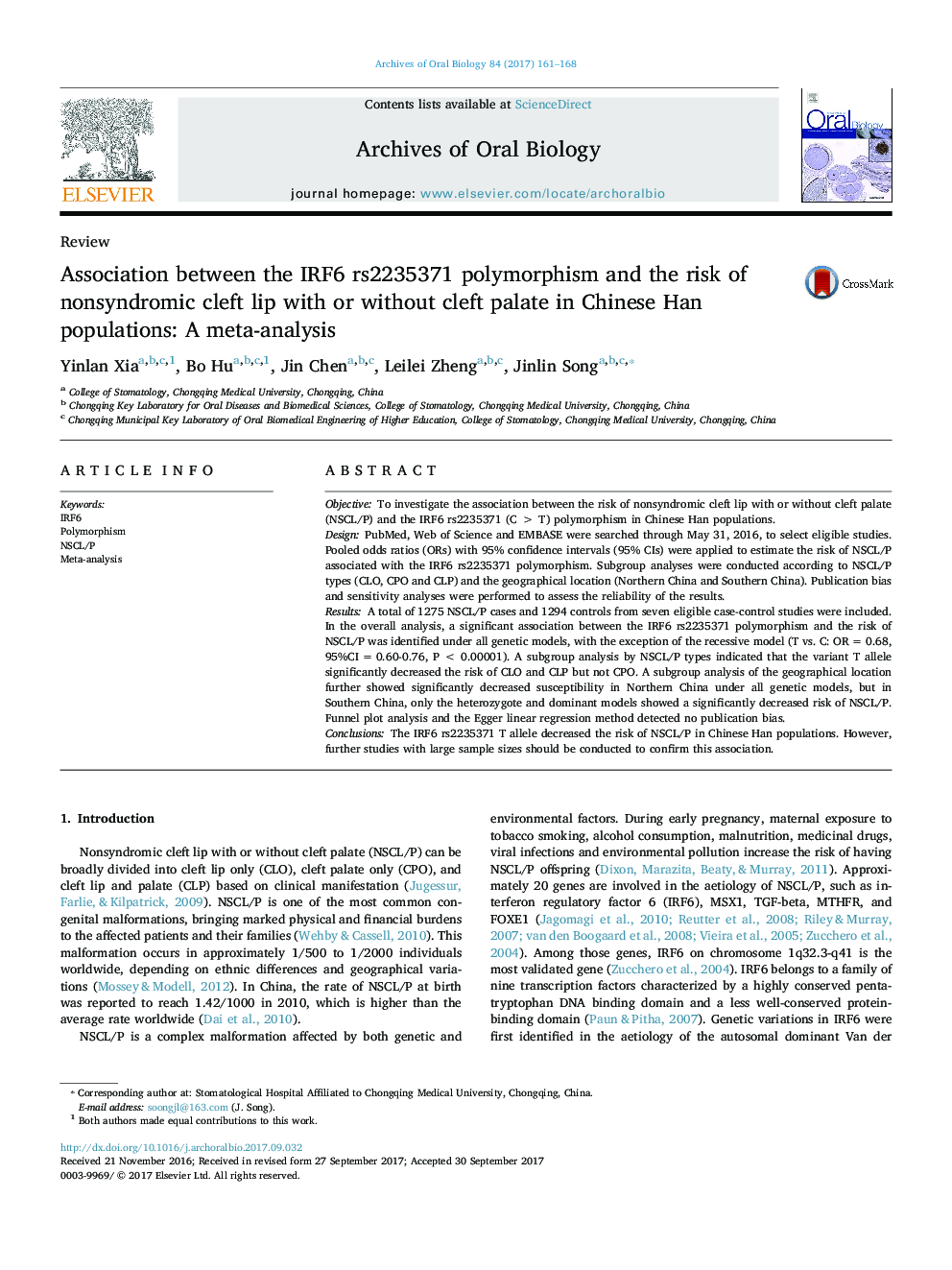 Association between the IRF6 rs2235371 polymorphism and the risk of nonsyndromic cleft lip with or without cleft palate in Chinese Han populations: A meta-analysis